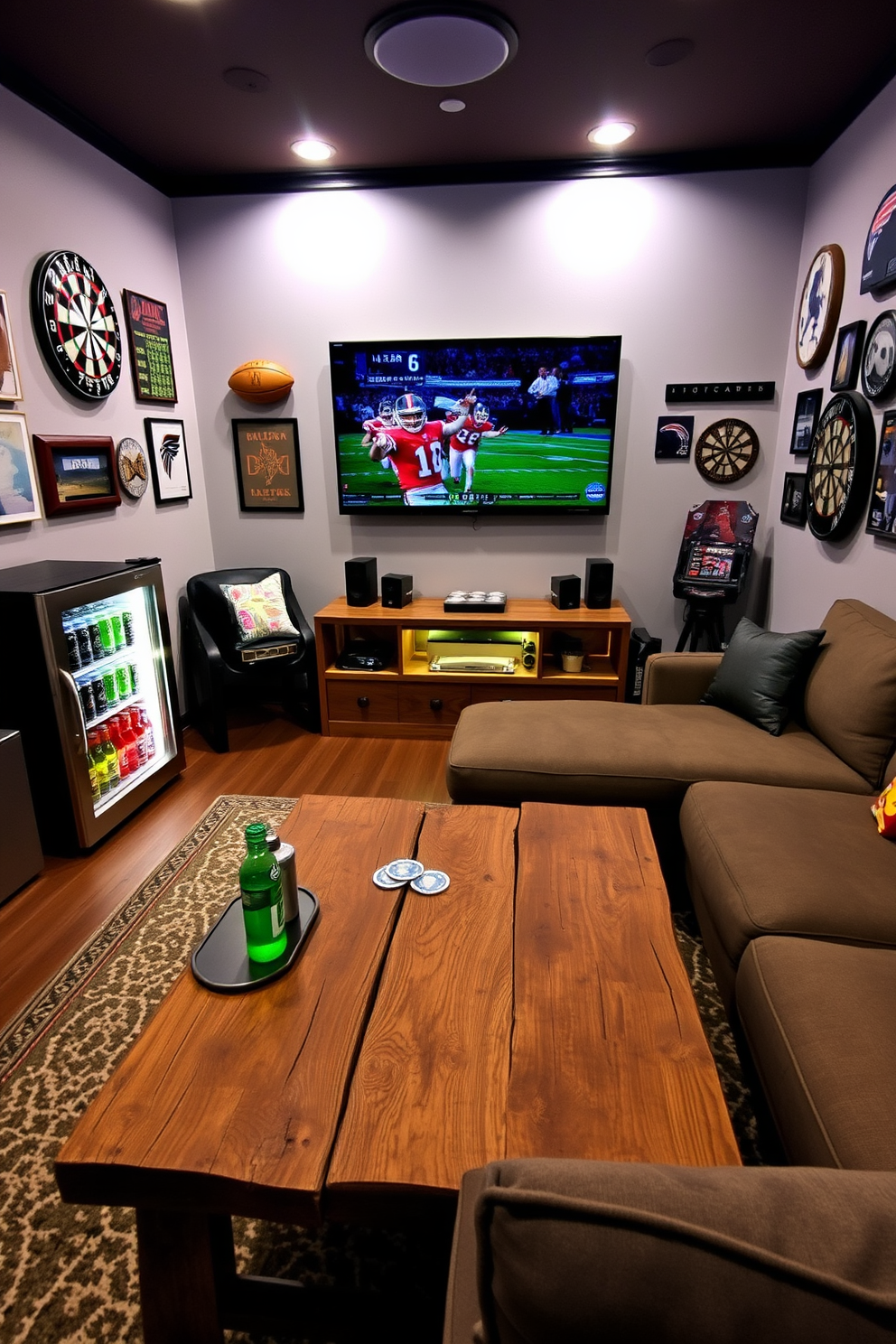 A mini fridge stocked with a variety of drinks sits in the corner of a stylish sports man cave. The room features a large sectional sofa facing a wall-mounted flat-screen TV, with sports memorabilia adorning the walls. In the center of the space, a rustic wooden coffee table holds coasters and snacks for game day. Ambient lighting creates a cozy atmosphere, while a dartboard and gaming console add to the entertainment options.