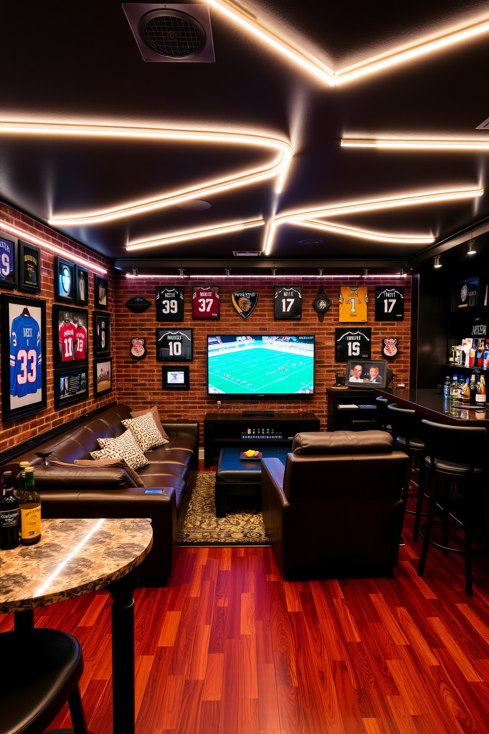 A cozy sports man cave featuring plush leather seating arranged around a large flat-screen TV. The walls are adorned with framed jerseys and memorabilia, while LED strip lighting creates a dynamic ambiance throughout the space. A stylish bar area with high stools complements the entertainment zone, showcasing a selection of beverages on display. The flooring is a rich hardwood, adding warmth to the modern industrial theme.