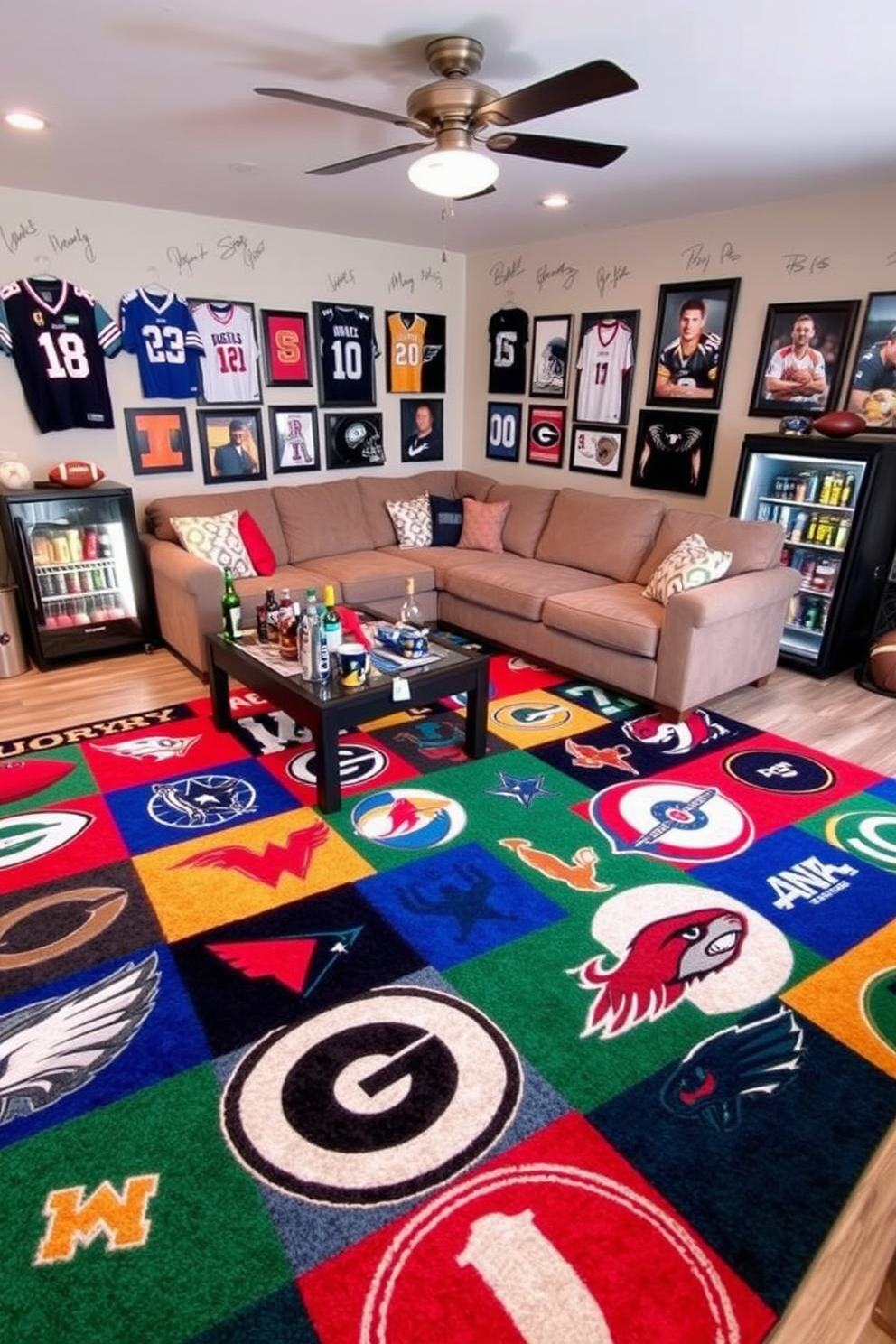 A vibrant sports-themed area rug featuring the logos of various sports teams sprawls across the floor. The rug adds a playful touch to the man cave, which is furnished with a large sectional sofa and a coffee table adorned with sports memorabilia. The walls are decorated with framed jerseys and autographed photographs of famous athletes. A mini-fridge stocked with beverages sits in the corner, ensuring the space is perfect for game day gatherings.