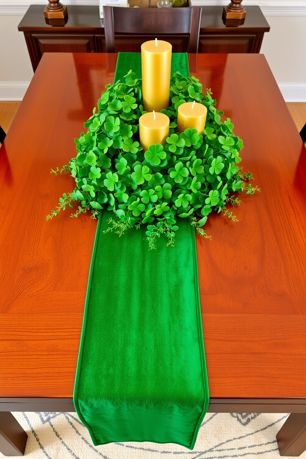 A lush green table runner elegantly drapes across a polished wooden dining table, adorned with delicate gold accents that catch the light. Atop the runner, a vibrant arrangement of fresh shamrocks and golden-hued candles create a festive centerpiece for St. Patrick's Day celebrations.