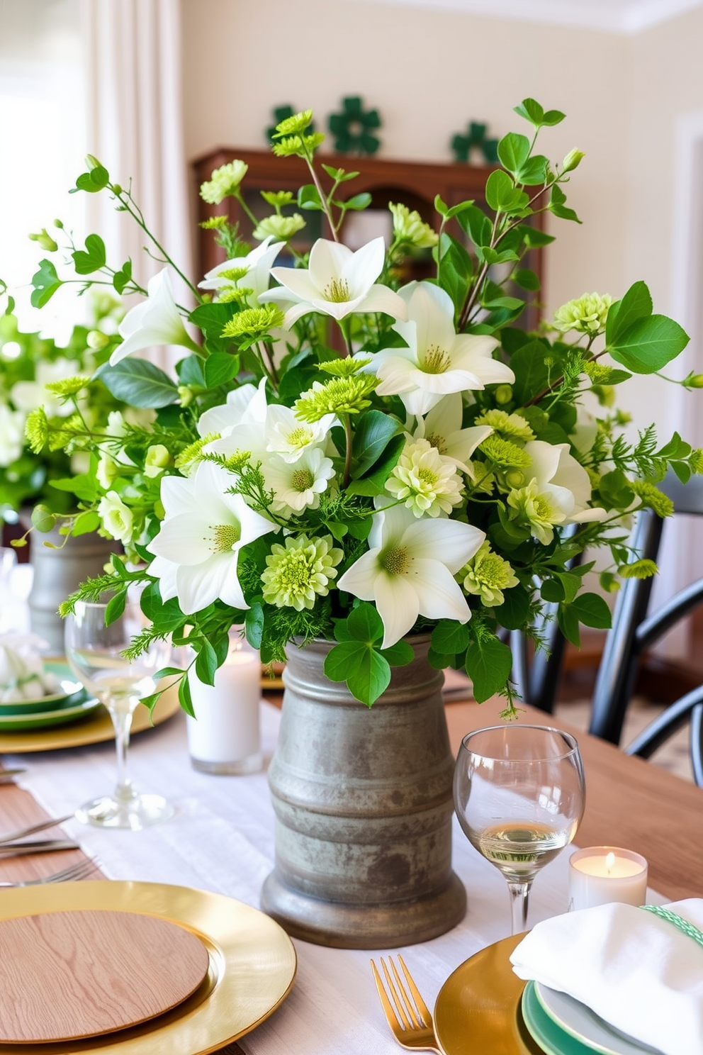 Create a charming St. Patrick's Day floral arrangement featuring fresh white flowers and vibrant green foliage. Incorporate elements like shamrocks and seasonal greenery in a rustic vase to enhance the festive spirit. Adorn a dining table with these arrangements, placing them alongside gold and green tableware for a cohesive look. Use soft lighting to create a warm and inviting atmosphere that celebrates the holiday.