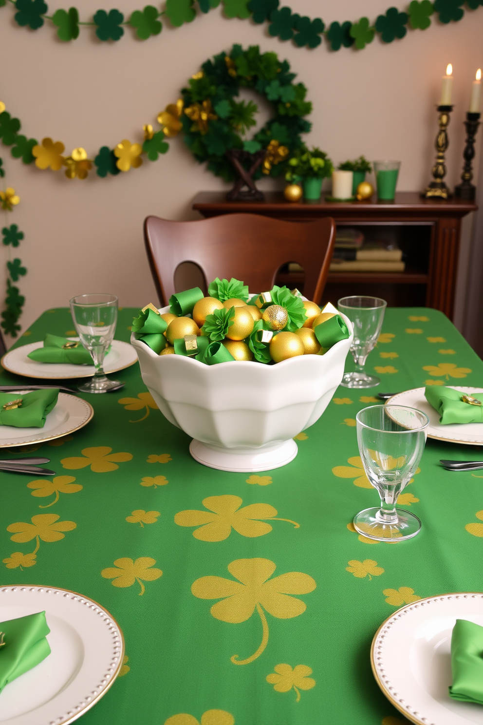 A festive St. Patrick's Day themed table setting features a green tablecloth adorned with golden shamrock patterns. Centered on the table is a large white ceramic bowl filled with vibrant green and gold decorations, surrounded by matching plates and glasses. For St. Patrick's Day decorating ideas, consider using garlands made of green and gold paper to drape along the walls. Incorporate small potted shamrocks and candles in green holders to create a warm and inviting atmosphere.