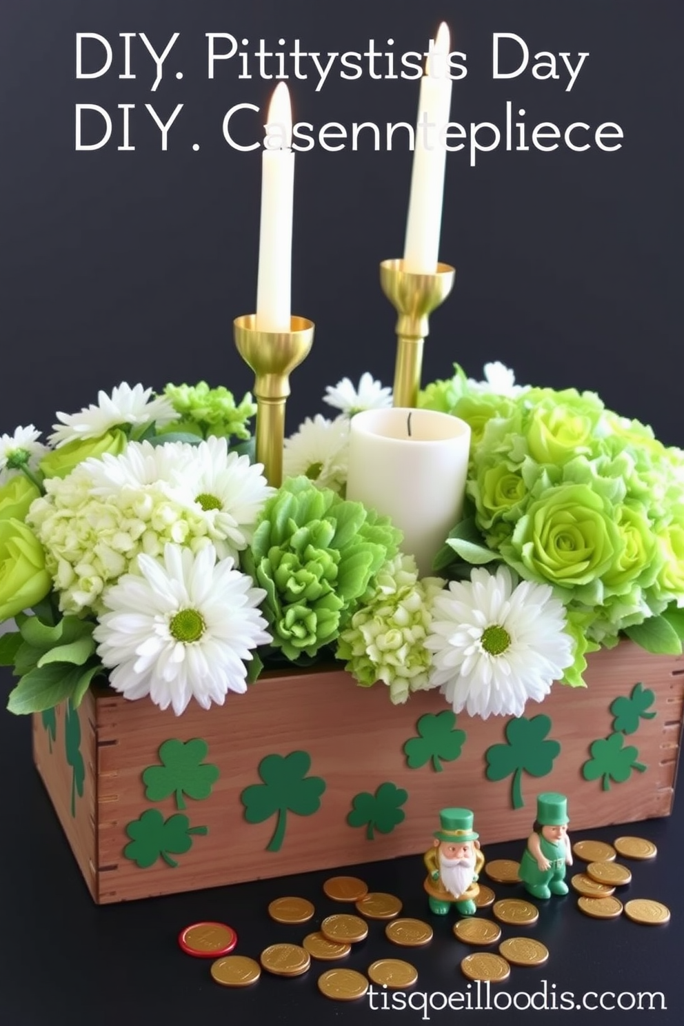 Create a charming DIY centerpiece for St. Patrick's Day featuring a collection of green and gold elements. Use a mix of fresh flowers, such as white daisies and green hydrangeas, arranged in a rustic wooden box adorned with shamrock accents. Incorporate candles of varying heights in gold holders to add warmth and ambiance. Finish the arrangement with scattered gold coins and small decorative leprechauns for a festive touch.