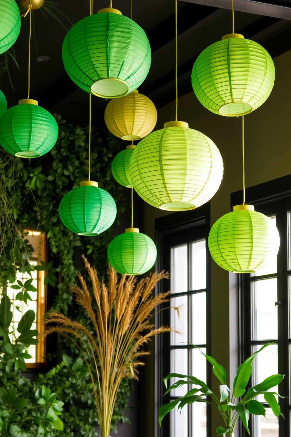 Create a festive St. Patrick's Day interior with hanging paper lanterns in various shades of green. The lanterns should be suspended at different heights to create a whimsical atmosphere, complementing a backdrop of lush greenery and gold accents.