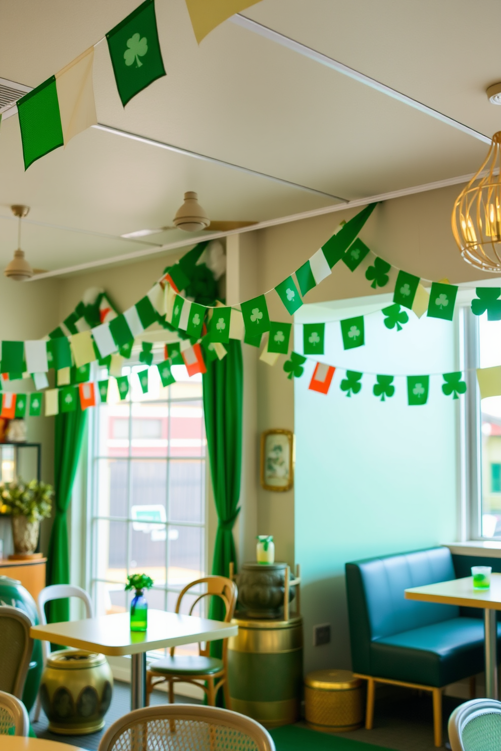 A festive interior setting adorned with Irish flag bunting draped along the walls. The space features cheerful green and gold accents, creating a vibrant atmosphere perfect for St. Patrick's Day celebrations.