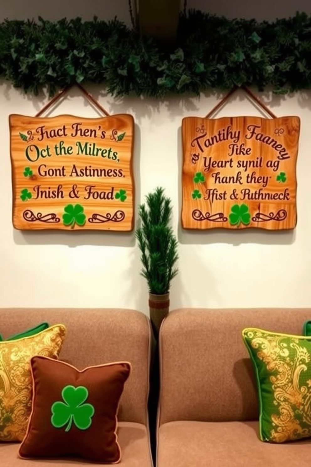 Rustic wooden signs adorned with charming Irish sayings hang on the walls, adding a warm and inviting touch to the decor. The signs feature natural wood finishes, with intricate carvings and vibrant green accents that celebrate the spirit of St. Patrick's Day. Incorporate festive elements such as shamrocks and leprechauns in the surrounding decor to enhance the theme. Soft, cozy textiles in shades of green and gold complement the rustic signs, creating a cohesive and cheerful atmosphere.