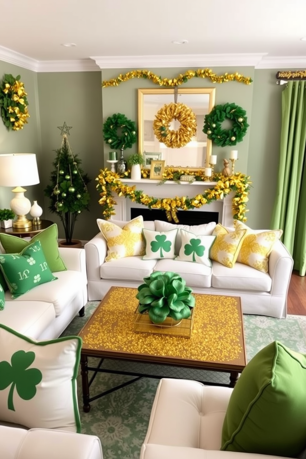 Create a festive living room adorned with gold glitter accents on various decor items. The space features a green and white color scheme with shamrock-themed cushions and a coffee table centerpiece that sparkles with golden touches. Incorporate gold glitter into wreaths and garlands draped along the mantelpiece. The overall ambiance is cheerful and inviting, perfect for celebrating St. Patrick's Day with style.