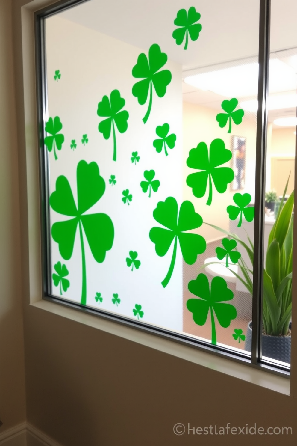 Create a festive St. Patrick's Day interior design featuring window clings adorned with shamrock designs. The vibrant green clings should be arranged to create an eye-catching display that enhances the overall holiday atmosphere.