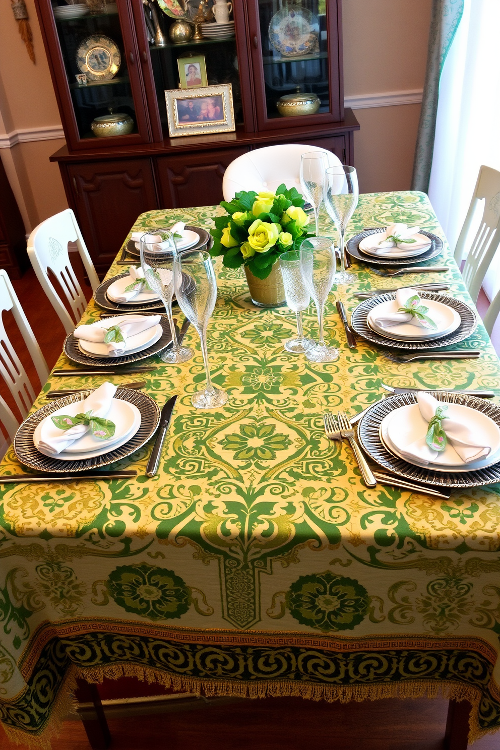 A festive table is adorned with a vibrant tablecloth featuring intricate Celtic patterns in shades of green and gold. Surrounding the table are elegant dinnerware and sparkling glassware, creating a cheerful atmosphere for St. Patrick's Day celebrations.