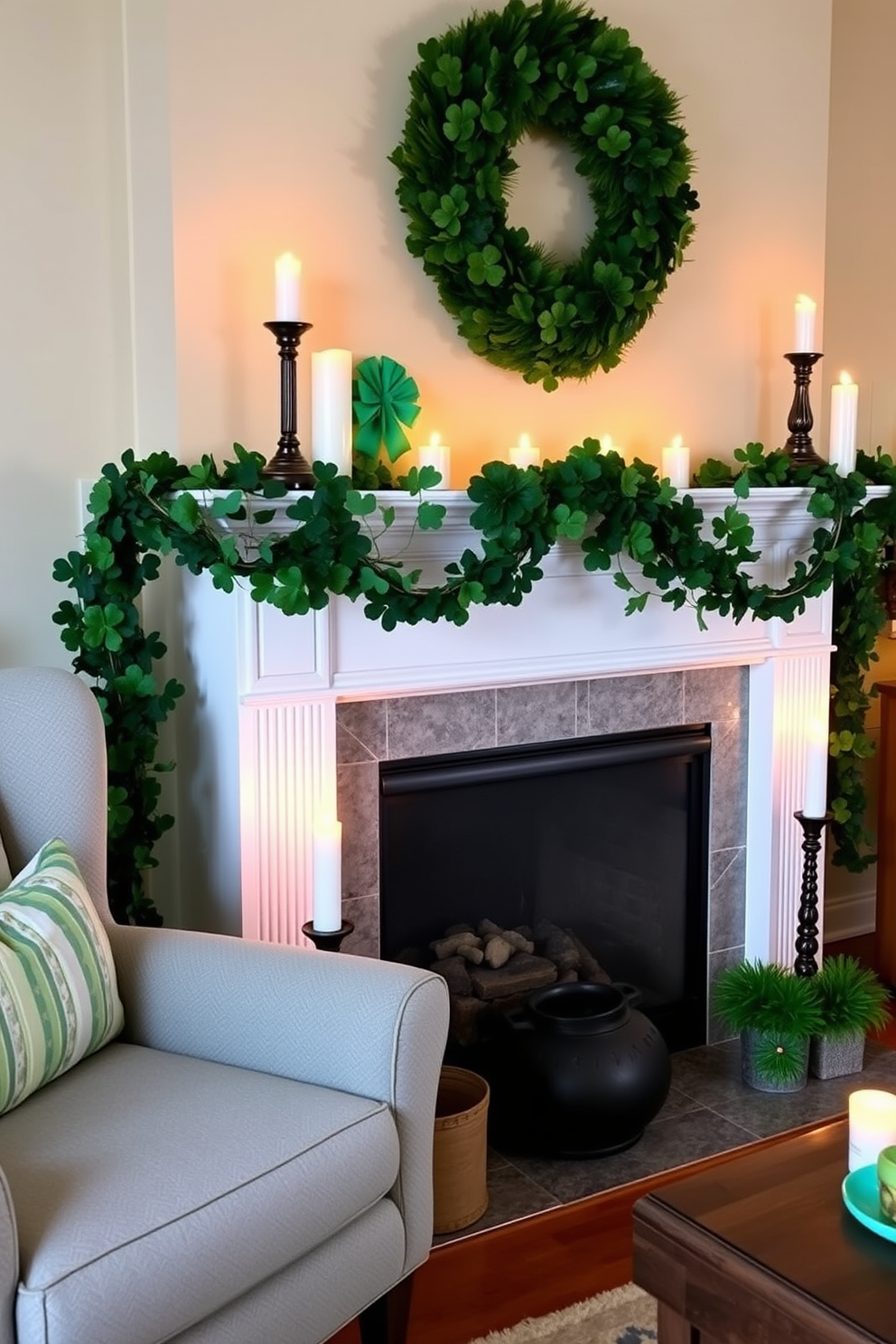 A charming living room adorned for St. Patrick's Day features a shamrock garland elegantly draped across the mantel. The warm glow of candles complements the festive decor, creating a cozy atmosphere perfect for celebrating the holiday.