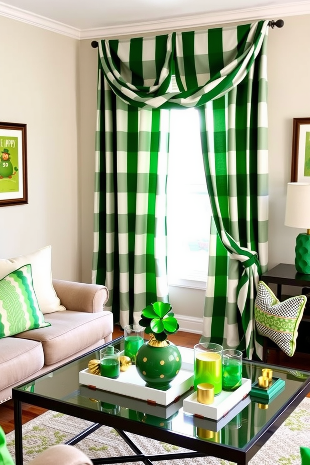 A cozy living room adorned with green and white striped curtains that gracefully frame a large window. The curtains flutter softly in the breeze, adding a festive touch to the space for St. Patrick's Day celebrations. On a stylish coffee table, a collection of decorative items in shades of green, including a small potted shamrock plant and gold accents, create a welcoming atmosphere. The walls are adorned with cheerful artwork that reflects the spirit of the holiday, enhancing the overall decor.