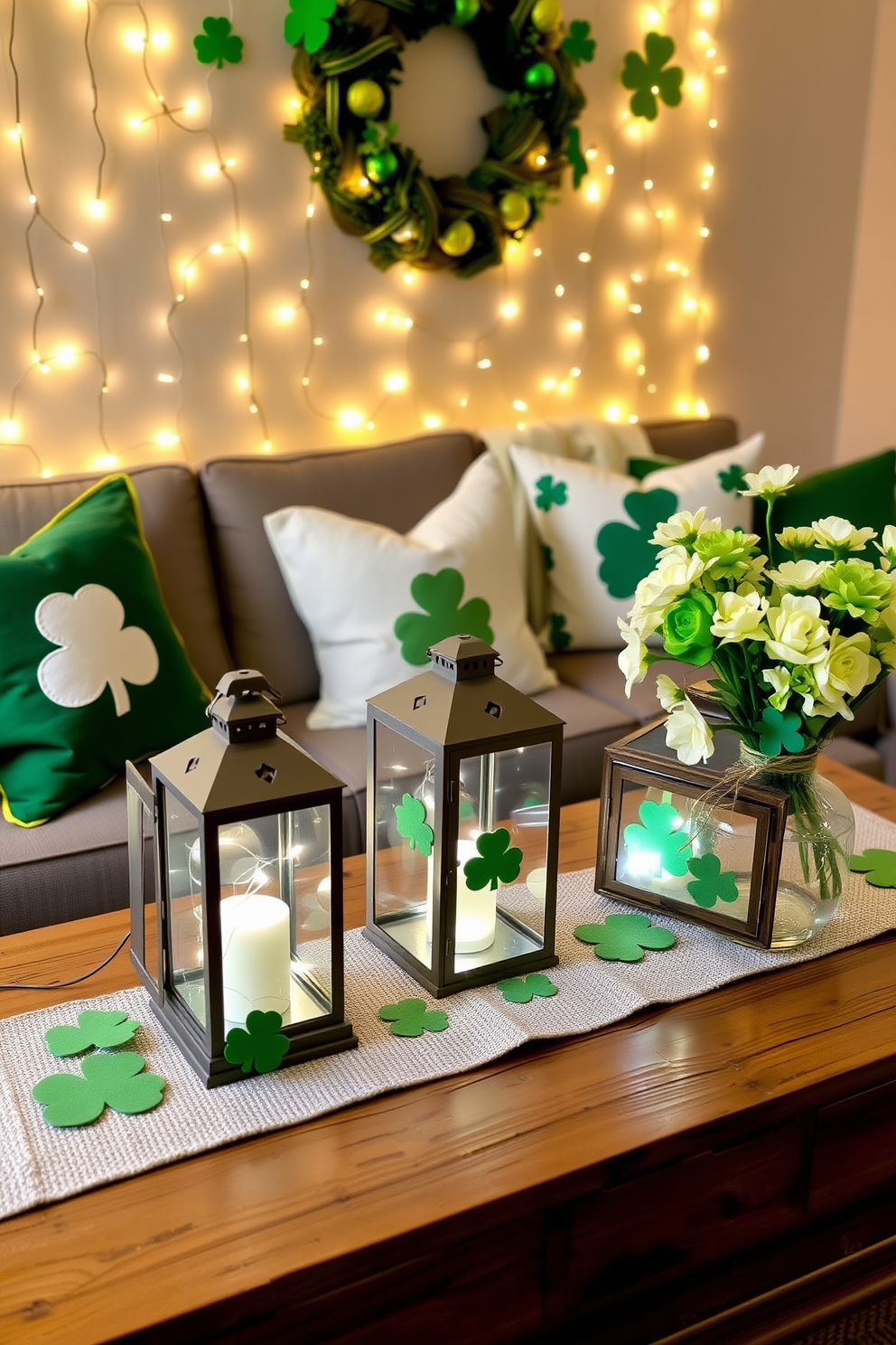 A cozy living room adorned with decorative lanterns filled with fairy lights, casting a warm and inviting glow throughout the space. The lanterns are placed on a rustic wooden coffee table surrounded by plush green cushions and a soft cream-colored throw blanket. For St. Patrick's Day, vibrant green accents are incorporated into the decor, including shamrock-patterned pillows and a festive table runner. Fresh flowers in shades of white and green are arranged in a charming vase, enhancing the celebratory atmosphere.