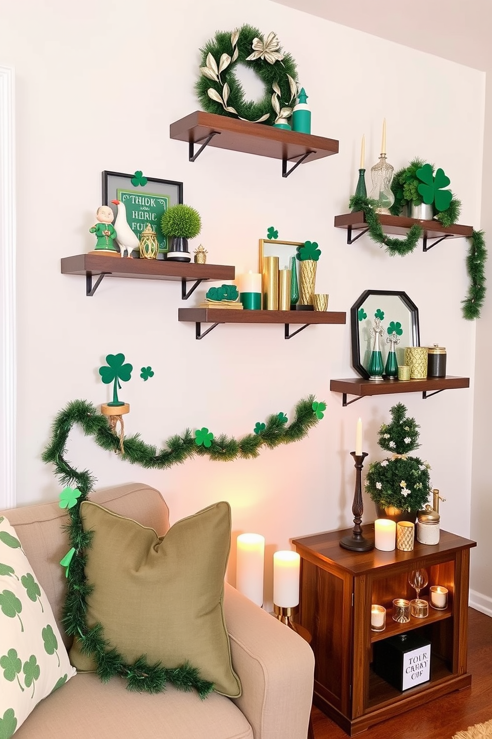 Create a cozy living room scene featuring wall-mounted shelves adorned with seasonal decor for St. Patrick's Day. The shelves are filled with green and gold accents, including shamrock figurines, festive garlands, and candles, creating a warm and inviting atmosphere.