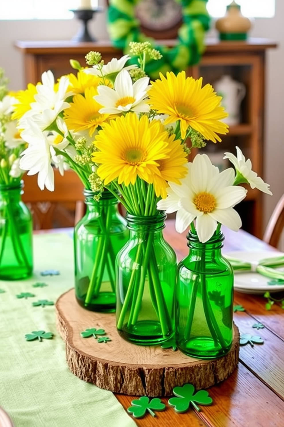 Create a festive St. Patrick's Day setting featuring green glass vases filled with vibrant flowers in shades of white and yellow. The vases are arranged on a rustic wooden table adorned with a light green tablecloth, and shamrock decorations are scattered around for added charm.