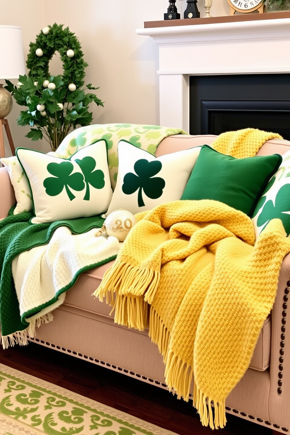 A cozy living room adorned with seasonal throw blankets in various shades of green to celebrate St. Patrick's Day. The blankets are draped over a plush sofa, complemented by decorative pillows featuring shamrock patterns and gold accents.