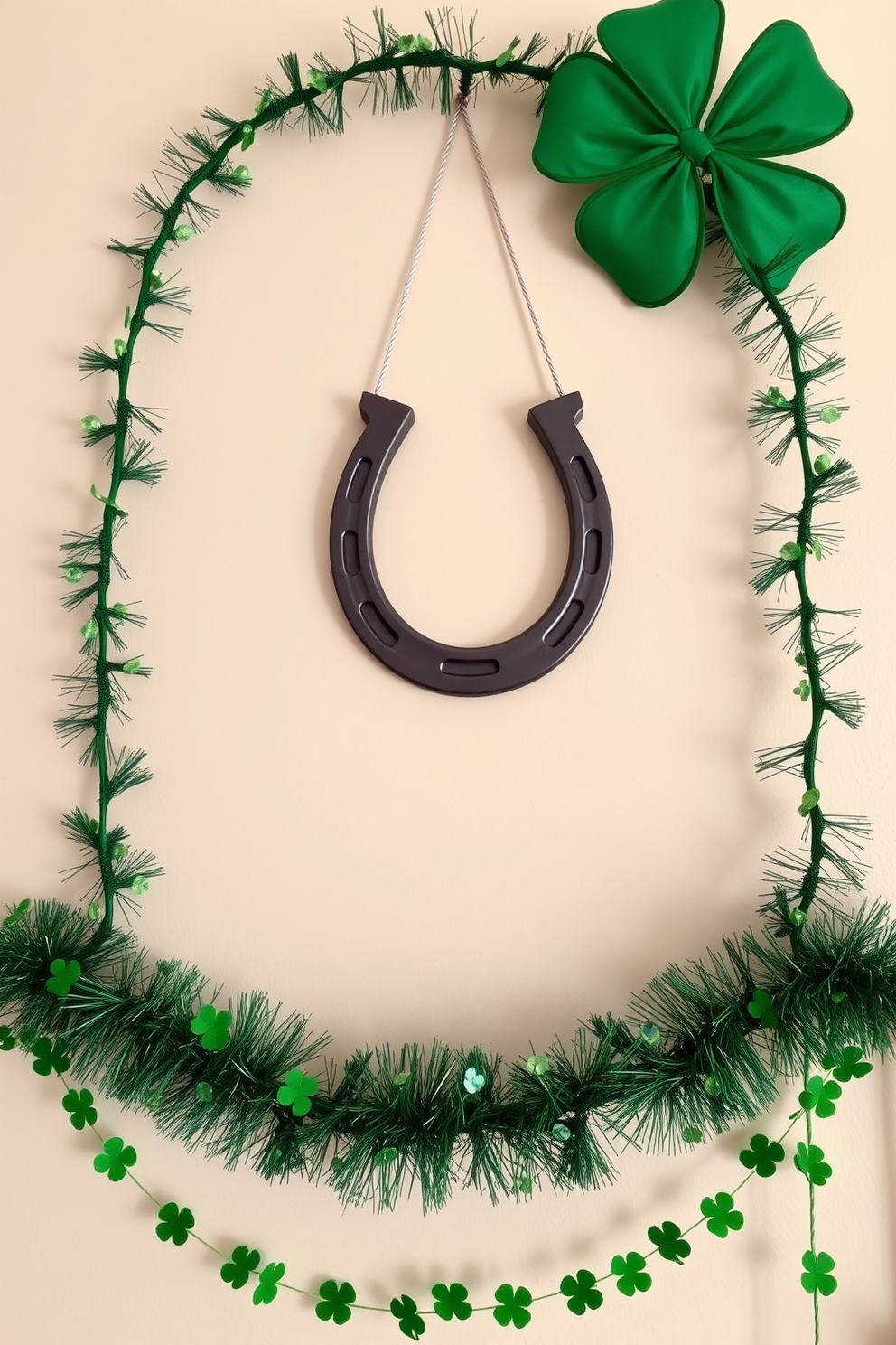 A charming wall decor piece featuring a lucky horseshoe hangs prominently on a light-colored wall. Surrounding the horseshoe are festive St. Patrick's Day decorations, including green garlands and small shamrock accents that create a joyful atmosphere.