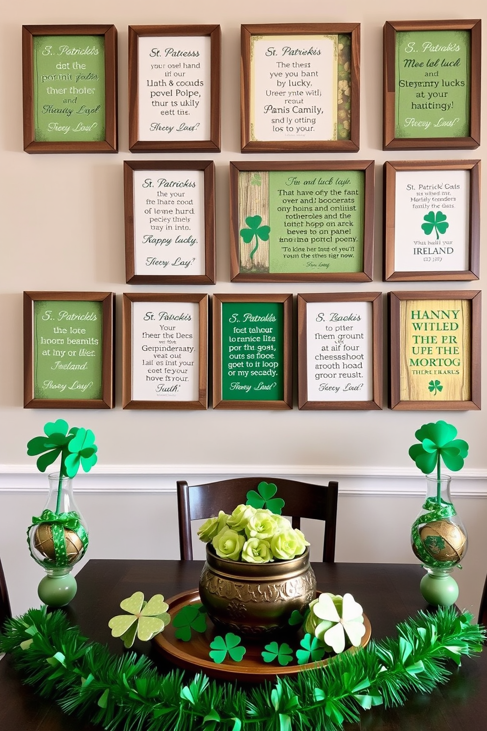 Framed quotes about luck and Ireland adorn the walls, each elegantly displayed in rustic wooden frames. The quotes are artistically arranged to create a focal point in the room, inviting conversation and reflection. St. Patrick's Day decorations bring a festive touch to the space, featuring green and gold accents throughout. Shamrock-themed centerpieces and garlands enhance the cheerful atmosphere, celebrating the spirit of the holiday.