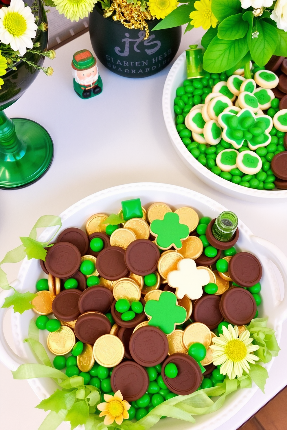 Decorative trays filled with an assortment of St. Patrick's Day treats create a festive atmosphere. The trays are adorned with green and gold accents, showcasing chocolate coins, shamrock-shaped cookies, and vibrant green candies. Incorporate elements like fresh flowers and small leprechaun figurines to enhance the theme. The overall arrangement should evoke a sense of celebration and joy, perfect for gathering with friends and family.