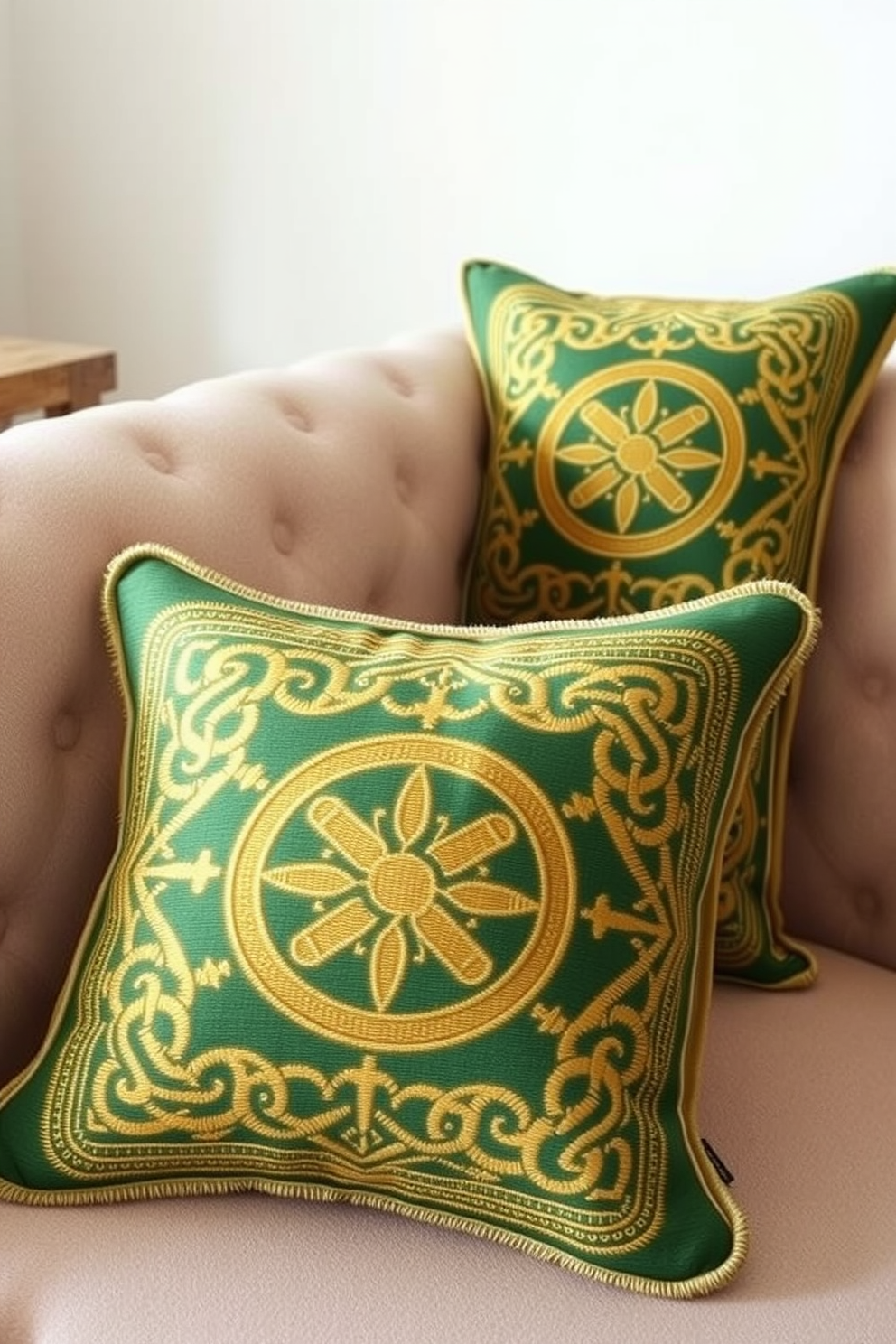 Celtic knot designs on cushions add a touch of heritage and artistry to your living space. The intricate patterns in rich greens and golds create a warm and inviting atmosphere perfect for St. Patrick's Day celebrations. Incorporate these cushions into your decor by pairing them with neutral-toned furniture to highlight their beauty. Use them on sofas or chairs to bring a festive spirit while maintaining an elegant aesthetic.