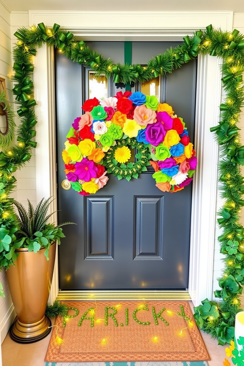 A vibrant DIY rainbow wreath adorns the front door, crafted with an array of colorful flowers and ribbons. The wreath features a mix of bright hues, creating a cheerful and inviting atmosphere for guests. For St. Patrick's Day, the decor includes green garlands and shamrock accents throughout the entryway. Gold accents and twinkling fairy lights add a festive touch, capturing the spirit of the holiday.