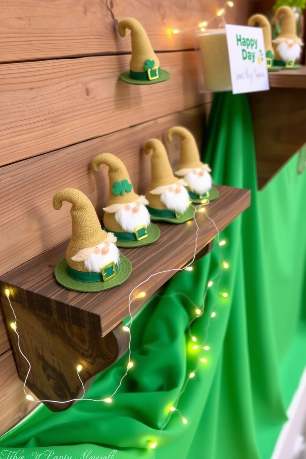 A whimsical display of miniature leprechaun hats is arranged on a rustic wooden shelf. The hats are adorned with green and gold accents, creating a festive atmosphere for St. Patrick's Day celebrations. Surrounding the hats, small potted shamrocks and twinkling fairy lights add charm and warmth to the decor. A backdrop of cheerful green fabric enhances the playful theme, inviting guests to embrace the holiday spirit.