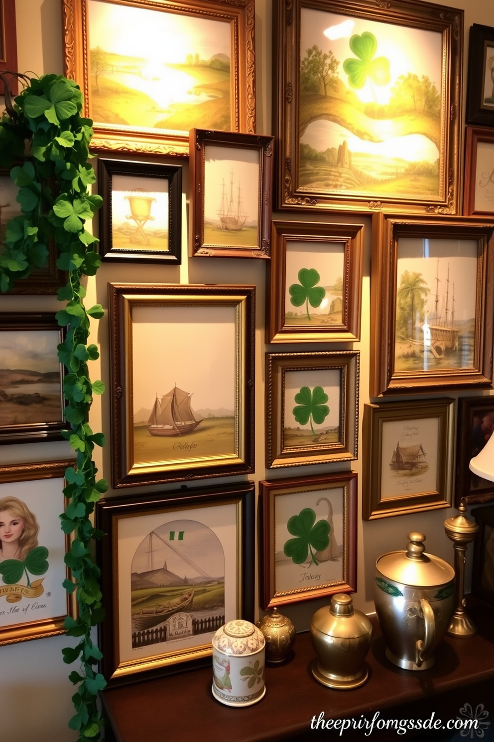 A charming vintage Irish-themed wall art display featuring an assortment of framed prints showcasing traditional Irish landscapes and symbols. The artwork is arranged in a gallery style, with a mix of ornate and rustic frames that add character to the space. Incorporate festive St. Patrick's Day decorating ideas with green accents such as shamrock garlands and gold-toned decorative elements. The overall ambiance is warm and inviting, perfect for celebrating the holiday while showcasing a love for Irish heritage.