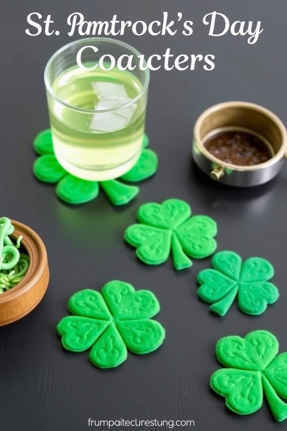 A charming setup featuring felt shamrock coasters designed for drinks. These coasters are vibrant green and shaped like shamrocks, perfect for adding a festive touch to your St. Patrick's Day decor.