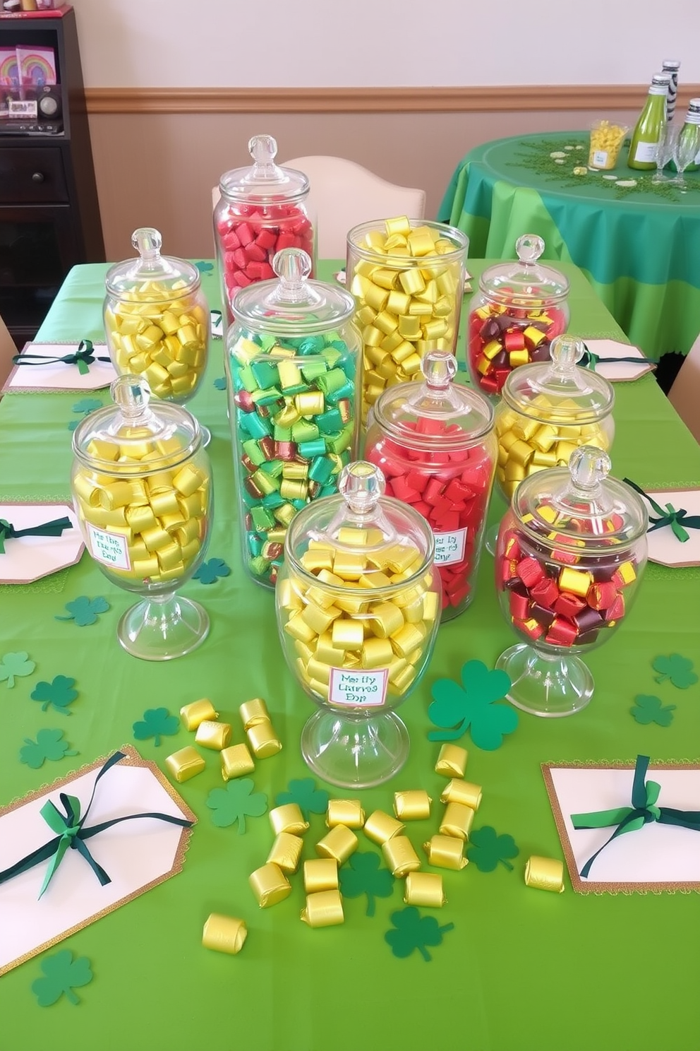 A festive table setting adorned with an assortment of colorful candy jars filled with gold-wrapped chocolates. The table is draped with a vibrant green tablecloth, and shamrock decorations are scattered around to enhance the St. Patrick's Day theme.