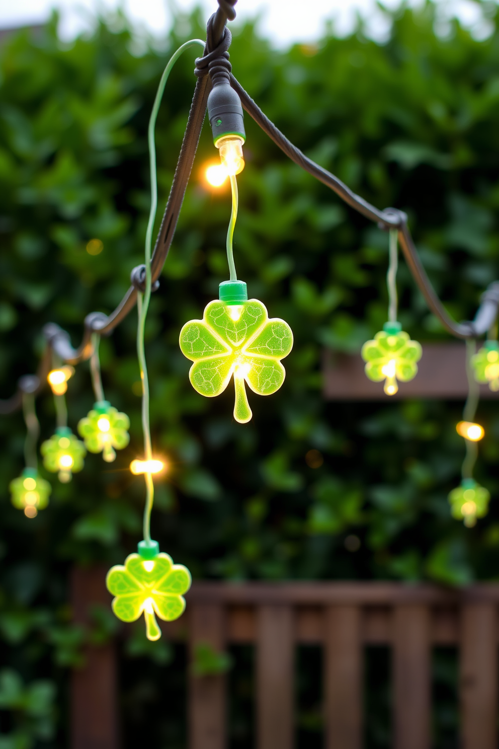 A whimsical outdoor setting adorned with string lights featuring charming clover accents. The lights twinkle softly against a backdrop of lush greenery, creating a festive ambiance perfect for St. Patrick's Day celebrations.