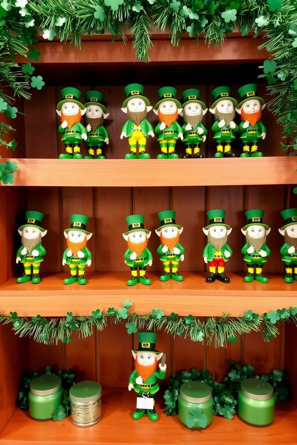 A charming display of leprechaun figurines is arranged on wooden shelves, each figurine showcasing vibrant green attire and playful expressions. The shelves are adorned with festive decorations, including shamrocks and gold coins, creating a whimsical atmosphere for St. Patrick's Day.