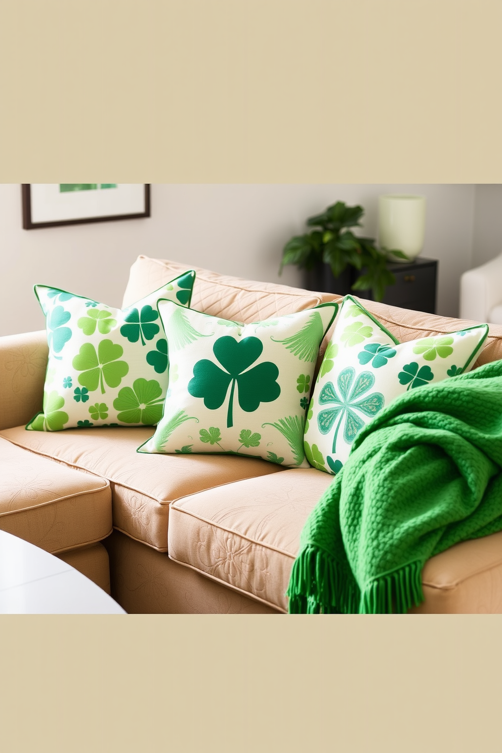 Create a cozy living room scene adorned with green pillows featuring festive patterns inspired by St. Patrick's Day. The pillows are arranged on a plush beige sofa, complemented by a vibrant green throw blanket draped over the armrest.