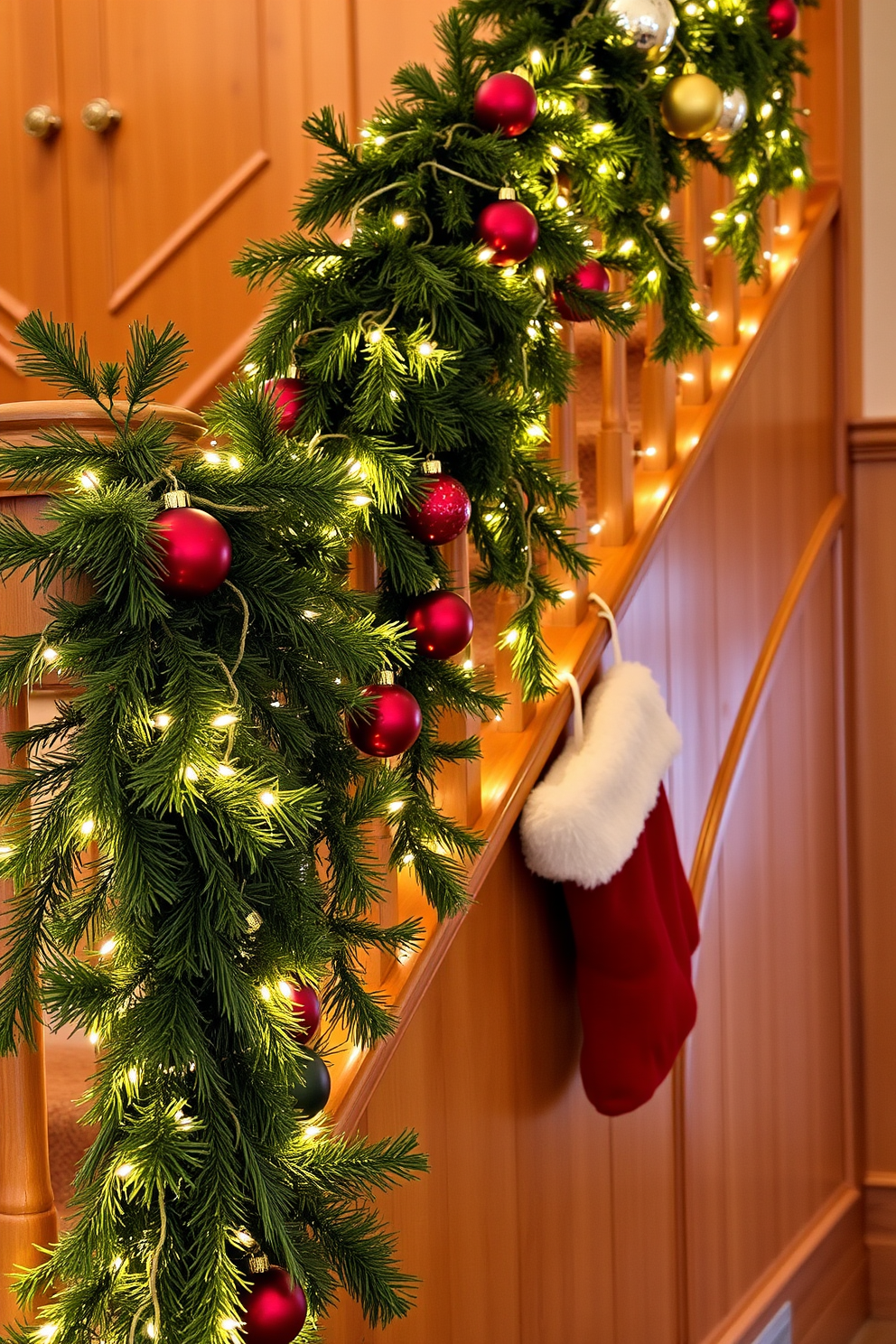 Cozy garland adorned with twinkling lights drapes elegantly along the banister of a wooden staircase. The soft glow of the lights creates a warm and inviting atmosphere, complementing the rich tones of the wood. Christmas decorations are tastefully arranged on the staircase, featuring lush greenery intertwined with red and gold ornaments. Plush stockings hang from the railing, adding a festive touch to the overall design.