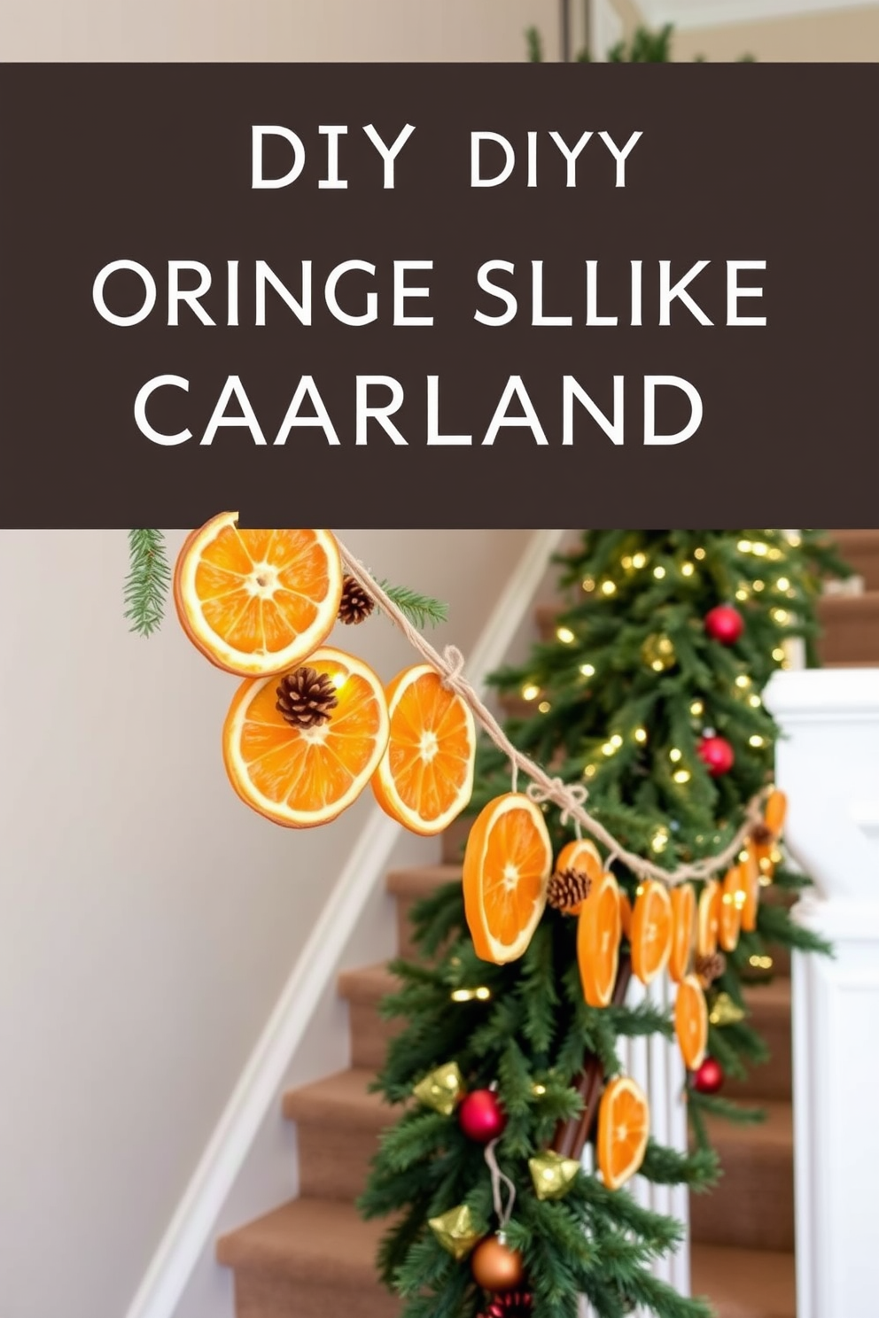 A charming DIY project featuring an orange slice garland. The garland is adorned with dried orange slices, twine, and small pinecones, creating a festive and natural look. A beautifully decorated staircase for Christmas. The staircase is draped with lush greenery, twinkling fairy lights, and red and gold ornaments, creating a warm and inviting holiday atmosphere.