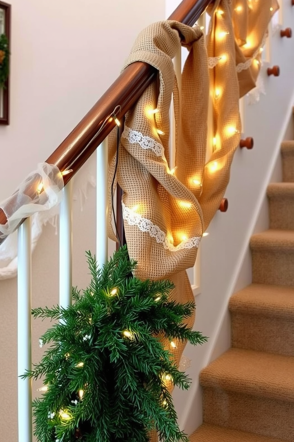 A rustic staircase adorned with burlap and lace decorations creates a warm and inviting holiday atmosphere. The burlap wraps around the banister, while delicate lace accents add a touch of elegance to the overall design. Twinkling fairy lights are interwoven with the burlap, illuminating the staircase with a soft, cozy glow. Fresh greenery is draped alongside the burlap, enhancing the natural charm of the Christmas decor.