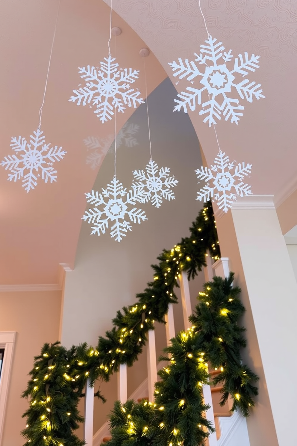 Charming paper snowflakes hang delicately from the ceiling above a beautifully decorated staircase. The staircase is adorned with lush garlands intertwined with twinkling fairy lights, creating a warm and inviting holiday atmosphere.