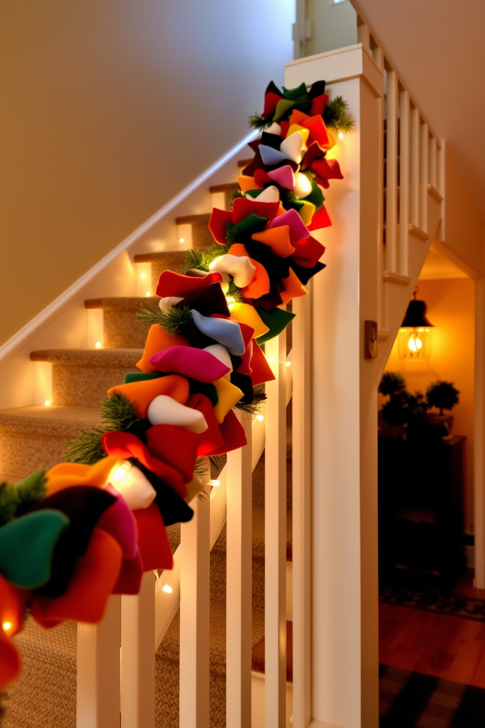 A vibrant felt garland in an array of colors is gracefully draped along the railing of a staircase. The garland adds a festive touch, complementing the warm glow of twinkling fairy lights that illuminate the space.