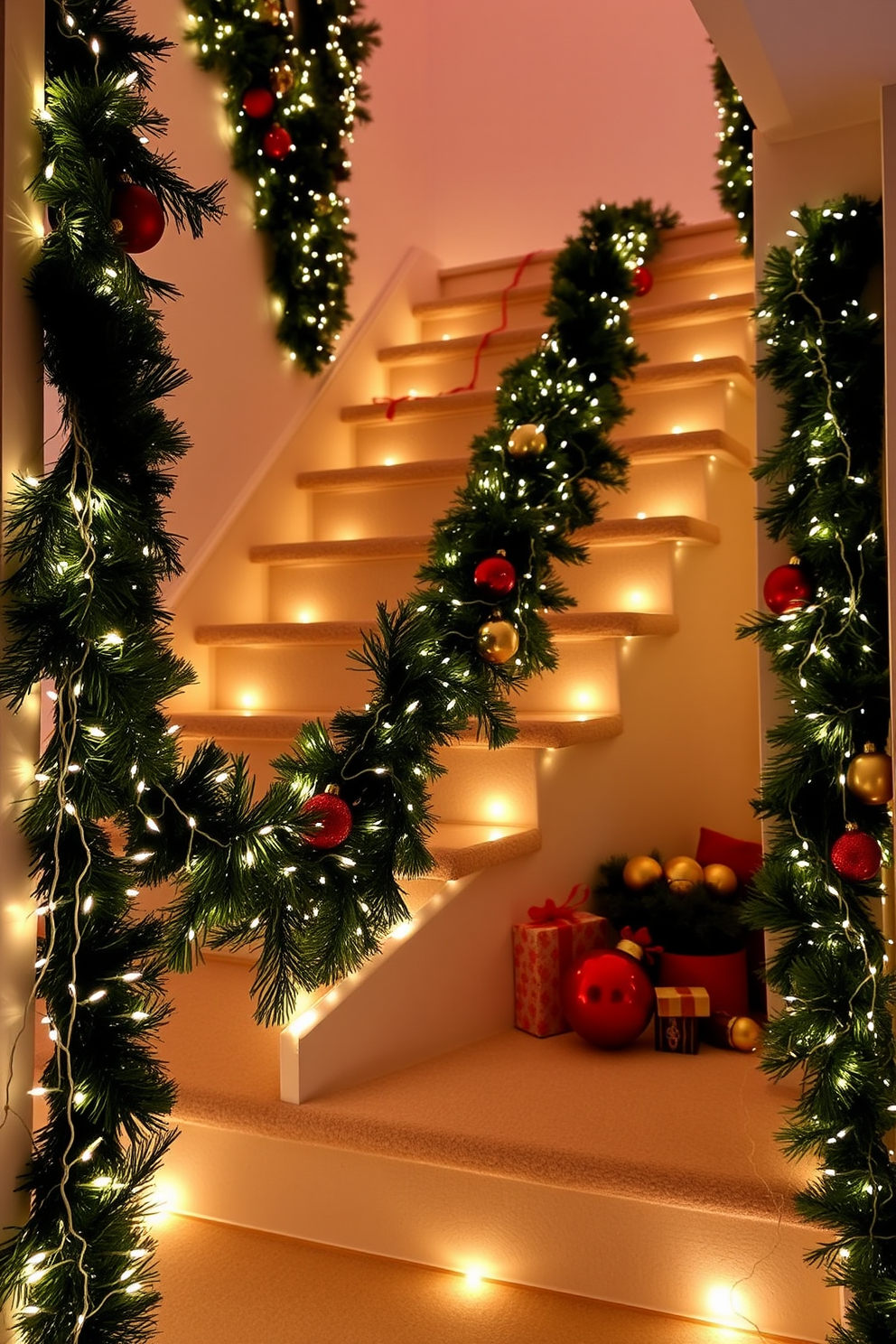 A staircase adorned with glistening fairy lights creates a magical holiday atmosphere. The lights twinkle softly, illuminating the steps and surrounding walls with a warm, inviting glow. Delicate garlands of greenery are intertwined with the lights, adding a festive touch. Accents of red and gold ornaments are scattered throughout, enhancing the Christmas spirit.