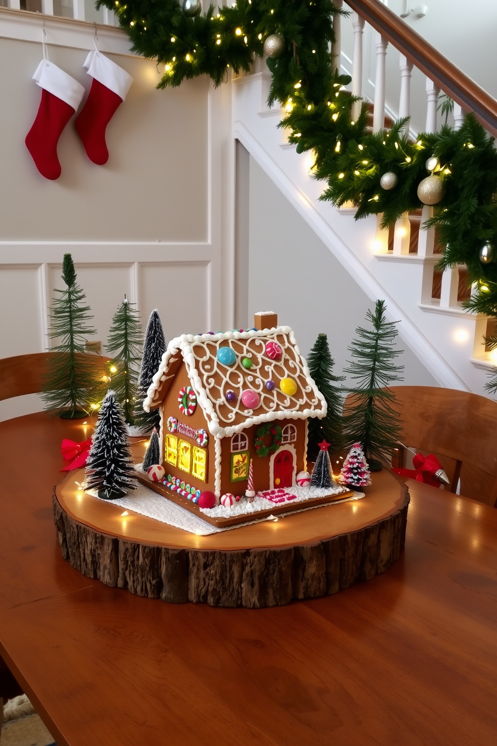 A charming homemade gingerbread house display is set on a rustic wooden table. The house is adorned with colorful icing and candy decorations, surrounded by miniature trees and twinkling fairy lights. The staircase is elegantly decorated for Christmas with lush greenery and twinkling lights. Stockings are hung on the banister, and festive ornaments are interspersed throughout the garland.