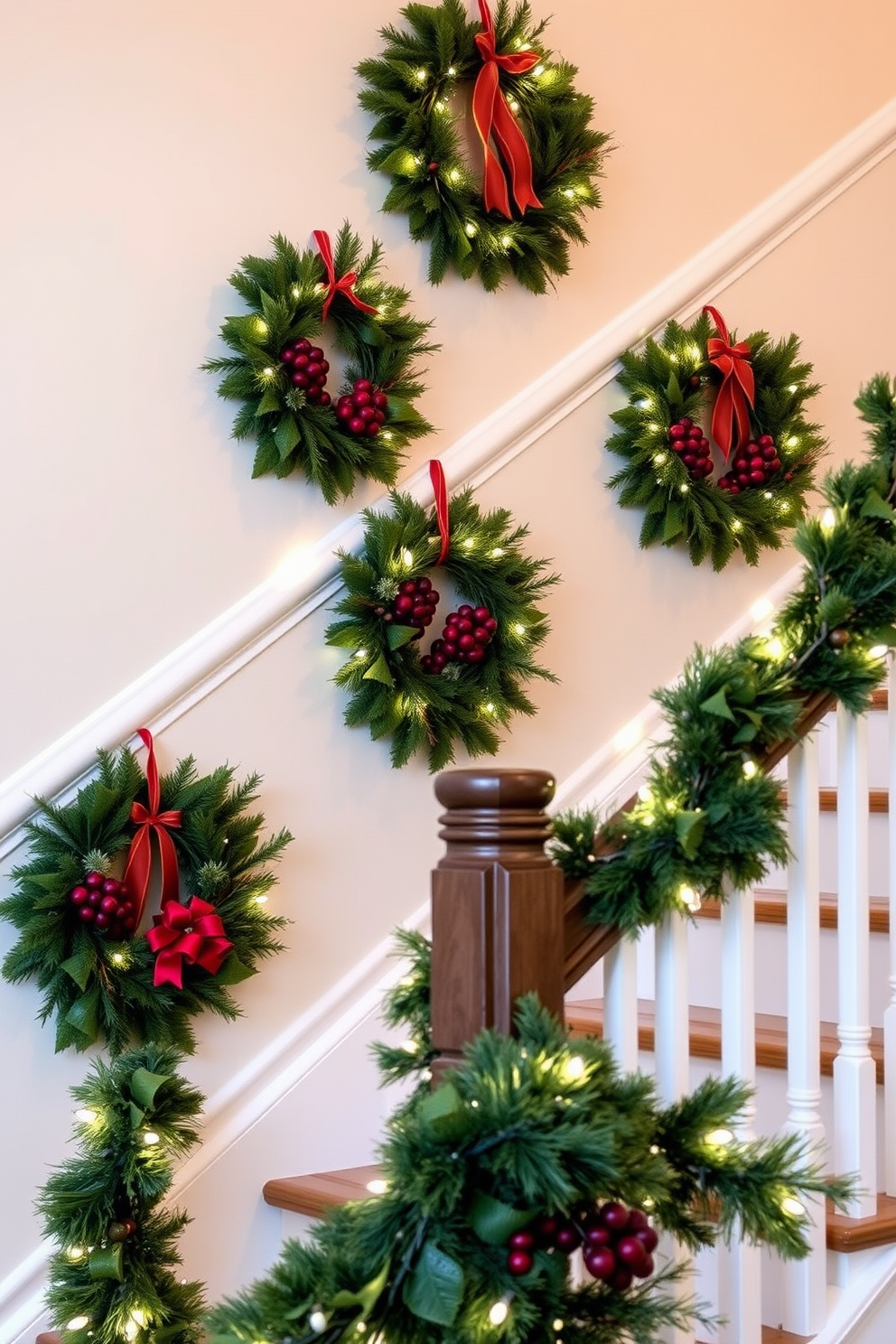 A beautifully decorated staircase landing adorned with seasonal wreaths. Each wreath features a mix of pine branches, red berries, and twinkling fairy lights for a festive touch. The staircase is draped with garlands that complement the wreaths, creating a cohesive holiday theme. Soft white lights illuminate the space, enhancing the warm and inviting atmosphere.