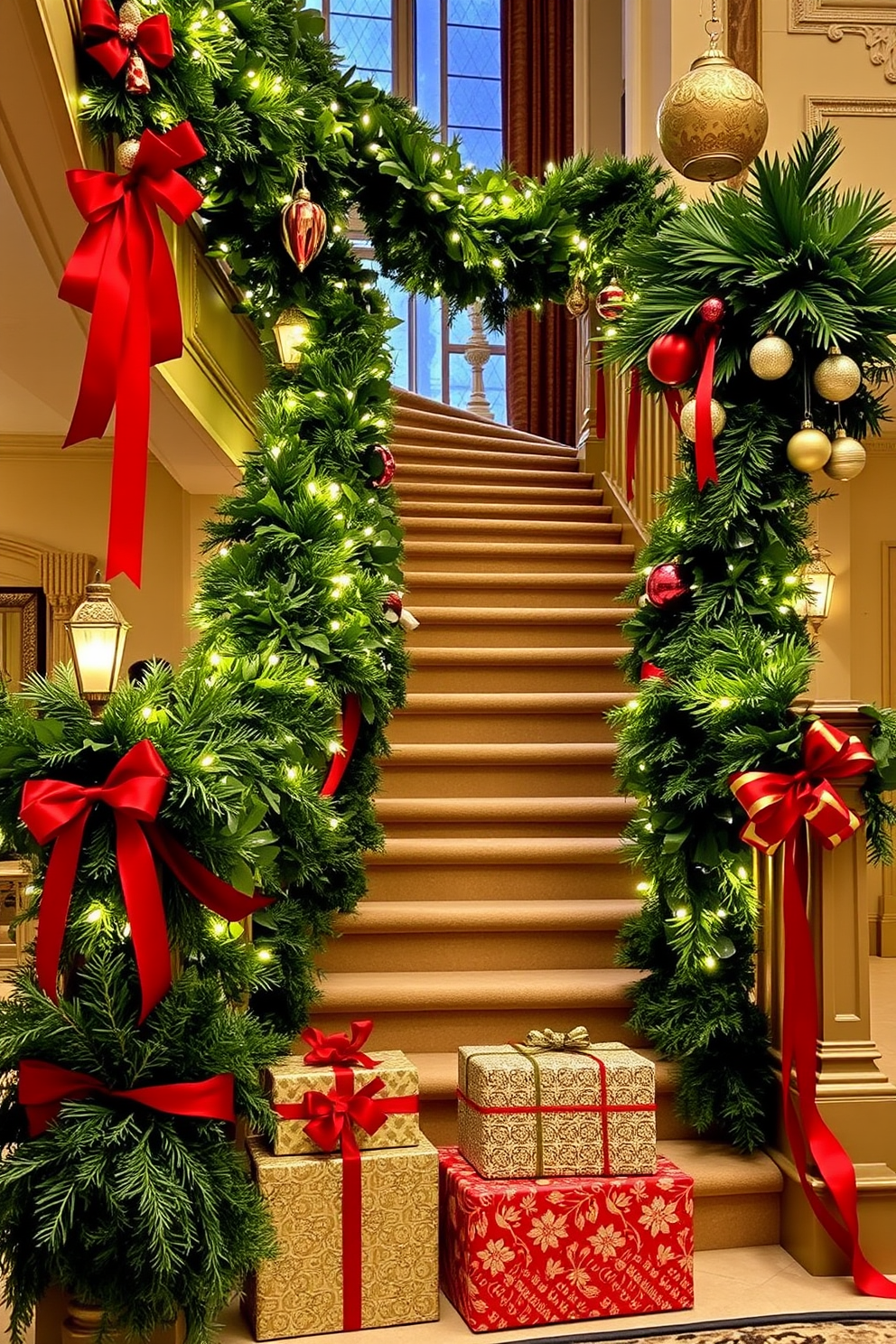 A grand staircase adorned with lush greenery and twinkling fairy lights. Red and green ribbon accents elegantly drape along the banister, creating a festive and inviting atmosphere. At the base of the staircase, a beautifully wrapped gift display complements the holiday decor. Ornate ornaments hang from the railing, adding a touch of sparkle to the Christmas setting.