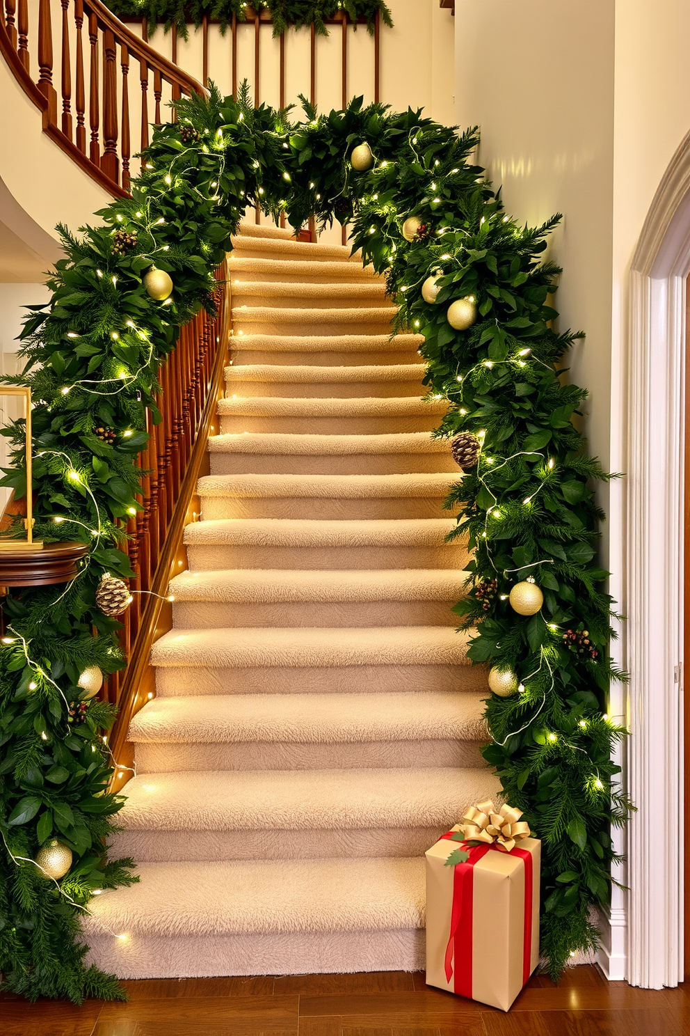 Lush greenery entwined around a grand staircase adorned with white fairy lights creates a magical ambiance. The staircase features elegant wooden railings and is complemented by a plush runner that enhances the festive decor. Christmas decorations include a mix of classic ornaments and natural elements such as pinecones and berries. The scene is completed with a beautifully wrapped gift at the base of the staircase, adding a touch of warmth and holiday spirit.