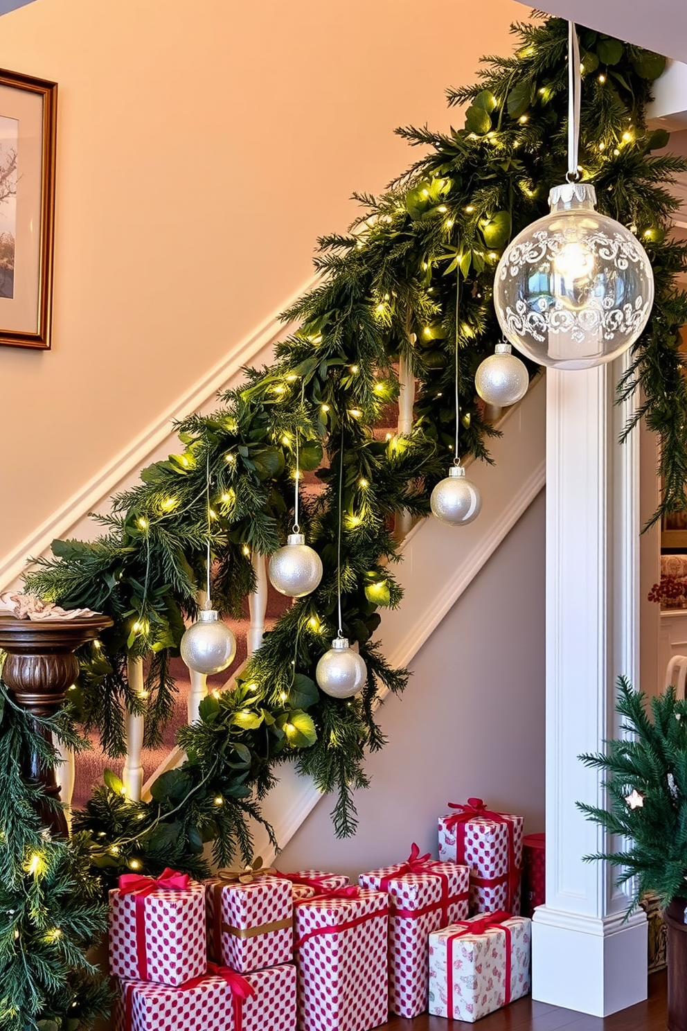 Elegant crystal ornaments for sparkle. The staircase is adorned with cascading garlands of evergreen, intertwined with twinkling fairy lights. Large crystal ornaments hang from the banister, reflecting light and adding a touch of glamour. At the base of the staircase, a festive display of wrapped gifts complements the holiday decor.