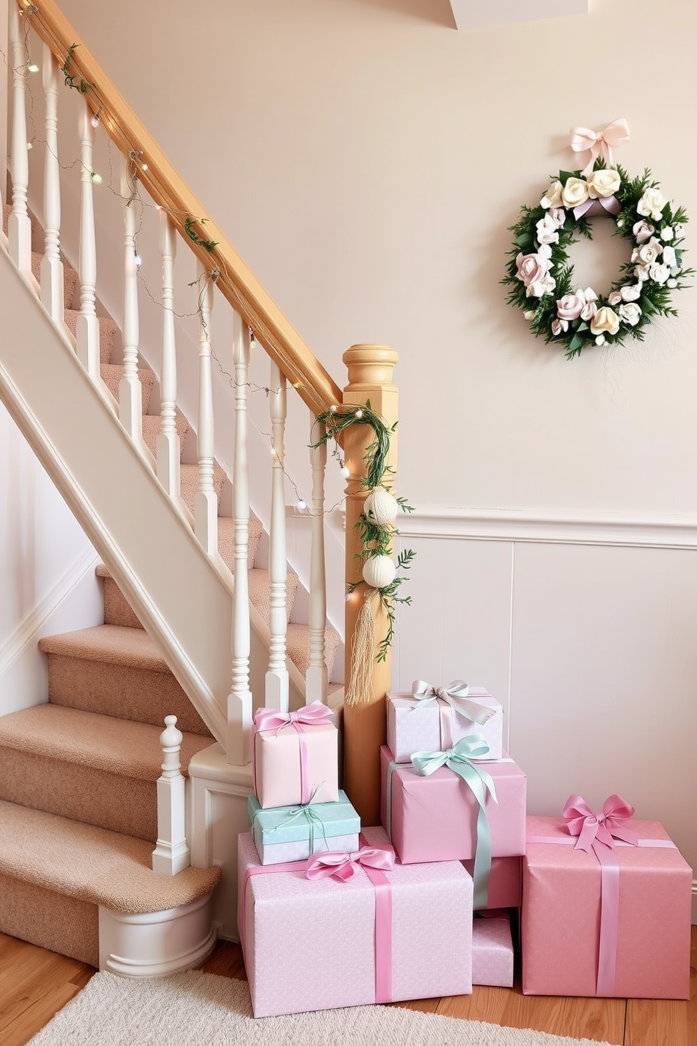 A cozy staircase adorned with soft pastel colors creates a warm and inviting atmosphere. Delicate garlands of pastel-hued ornaments and twinkling fairy lights gracefully wrap around the banister. At the base of the staircase, a collection of beautifully wrapped presents in soft pinks, blues, and greens adds a festive touch. A charming wreath made of pastel flowers and ribbons hangs on the wall, completing the cheerful decor.