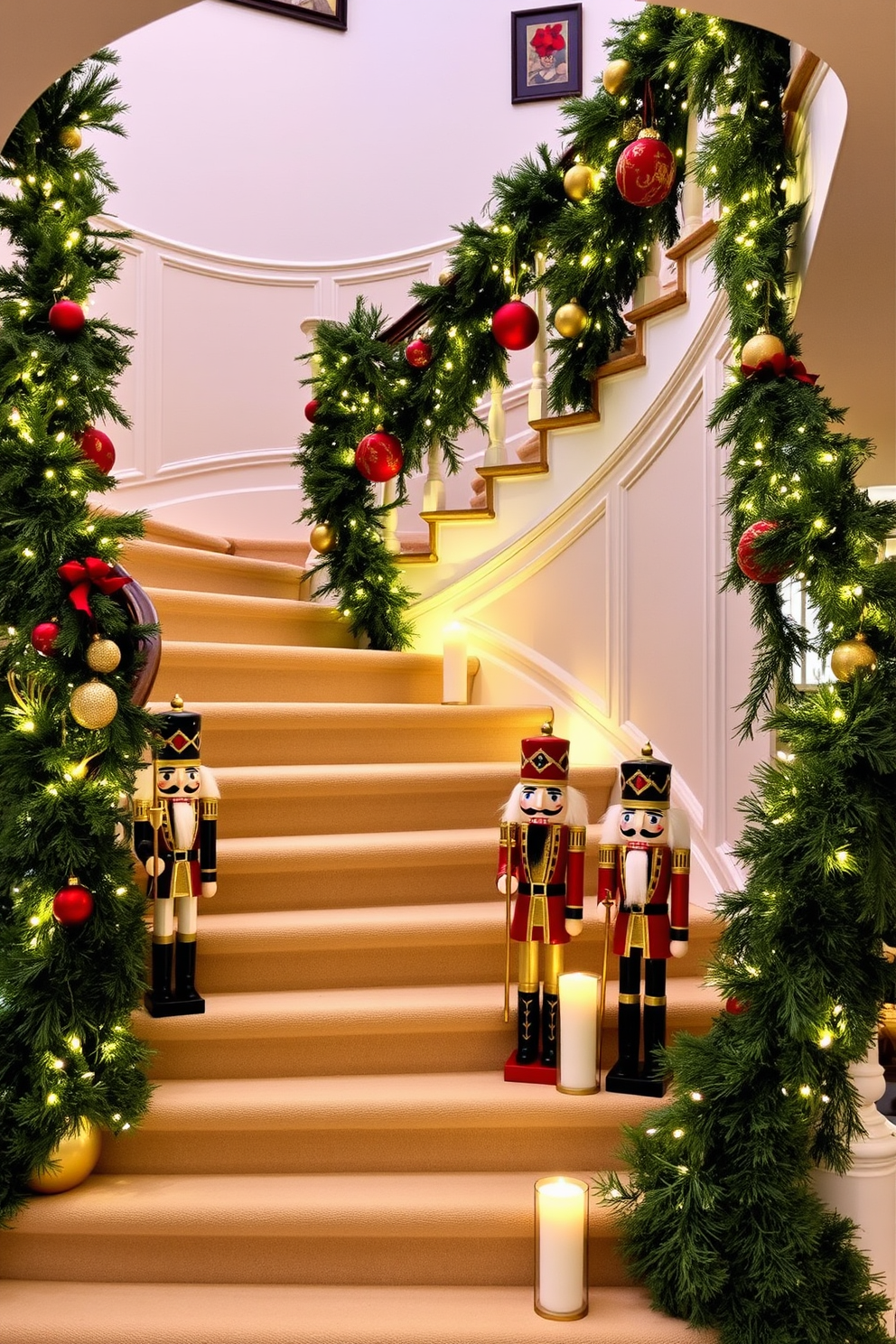 Nutcracker figures are strategically placed on the steps of a grand staircase, creating a festive and welcoming atmosphere. The staircase is adorned with lush green garlands intertwined with twinkling fairy lights, enhancing the holiday spirit. Elegant ornaments in red and gold hues hang from the banister, complementing the nutcracker theme. Soft white candles are positioned along the steps, casting a warm glow that invites guests into the beautifully decorated home.