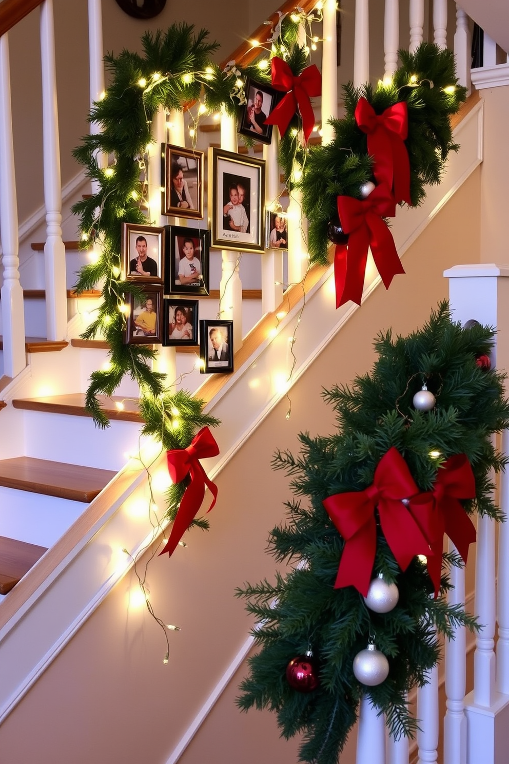 A personalized family photo garland adorns the staircase, featuring a collection of cherished memories displayed in elegant frames. Twinkling fairy lights intertwine with the garland, creating a warm and inviting atmosphere for the holiday season. Christmas decorations enhance the staircase with lush greenery and vibrant red bows, adding a festive touch to the home. A series of sparkling ornaments hang gracefully from the banister, reflecting the joyous spirit of the holidays.