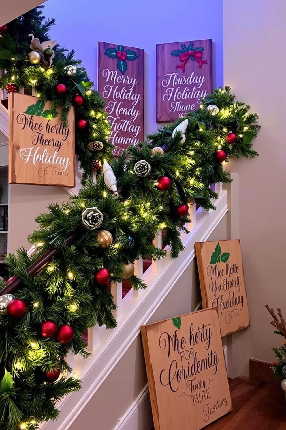 Charming wooden signs with holiday sayings. Each sign features a unique festive message, hand-painted in elegant script, surrounded by seasonal decorations like pinecones and holly. Staircase Christmas decorating ideas. The staircase is adorned with lush garlands, twinkling fairy lights, and colorful ornaments, creating a warm and inviting holiday atmosphere.