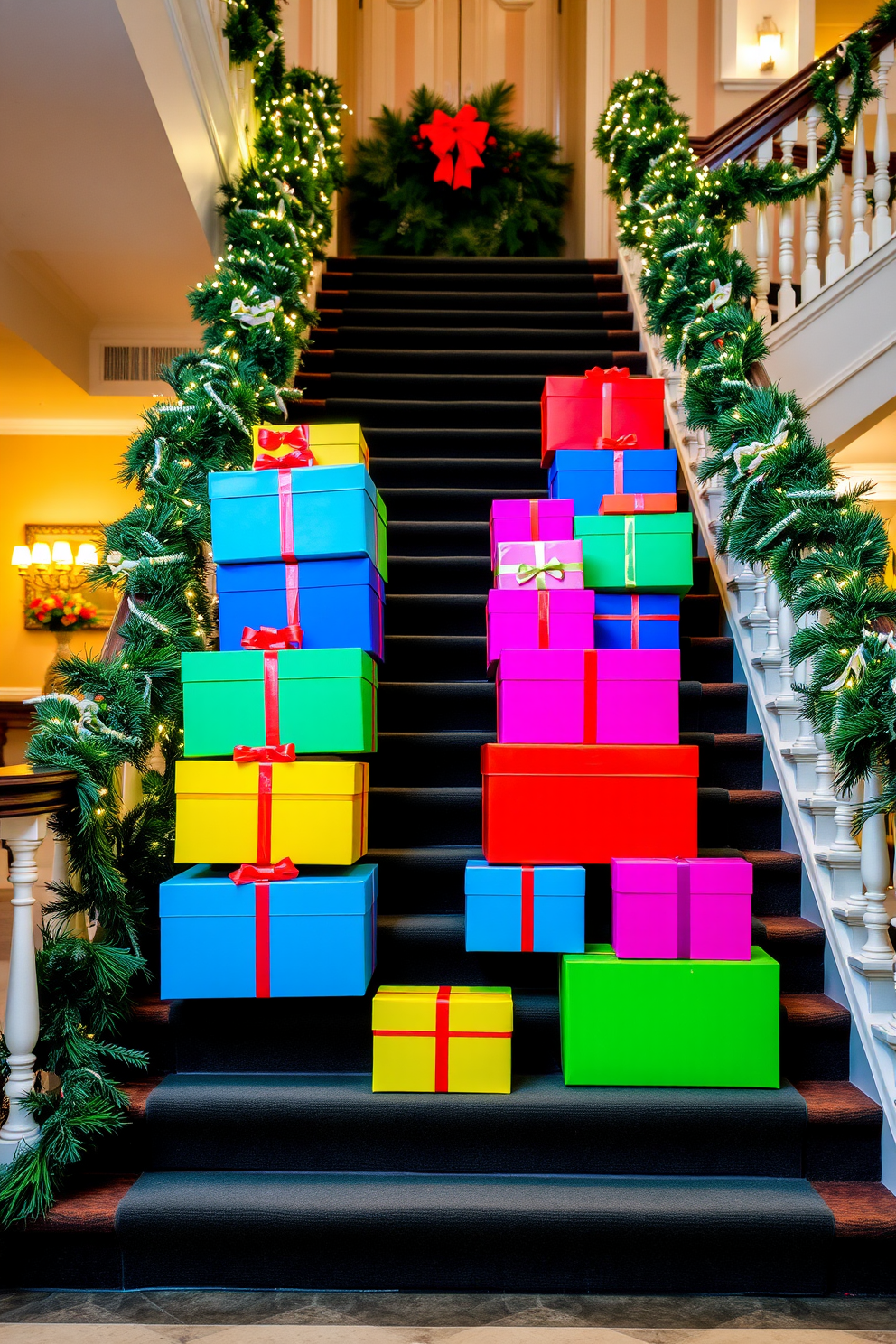 Brightly colored gift boxes are stacked artfully on a grand staircase, creating a festive and inviting atmosphere. The staircase is adorned with lush greenery and twinkling fairy lights, enhancing the cheerful holiday spirit.