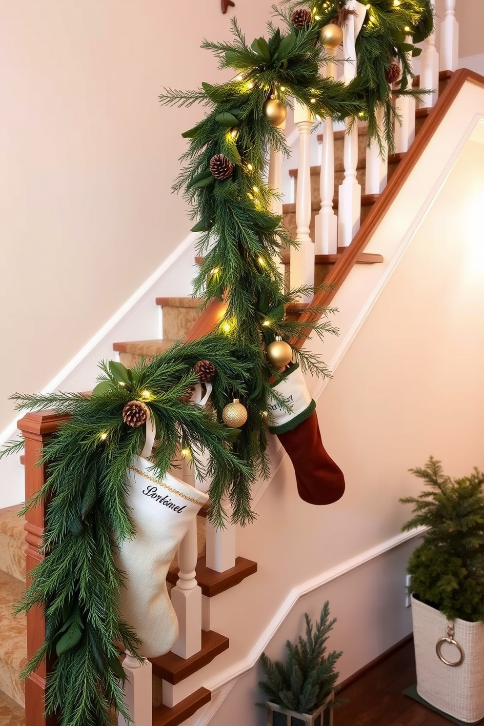 A cozy staircase adorned with scented pine branches creates a warm and inviting atmosphere. The branches are gracefully draped along the banister, complemented by twinkling fairy lights and rustic ornaments. Stockings hang from the staircase railing, each one personalized for a festive touch. Fresh greenery and pinecones are interspersed throughout, adding a natural charm to the holiday decor.