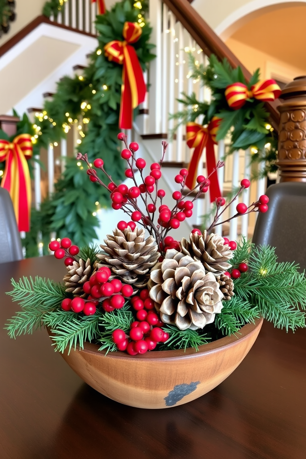 A charming arrangement of natural pinecones and berries is displayed in a rustic wooden bowl. The vibrant red berries contrast beautifully with the earthy tones of the pinecones, creating a cozy winter centerpiece. The staircase is adorned with lush greenery and twinkling fairy lights for a festive touch. Elegant red and gold ribbons are draped along the banister, enhancing the holiday spirit throughout the home.