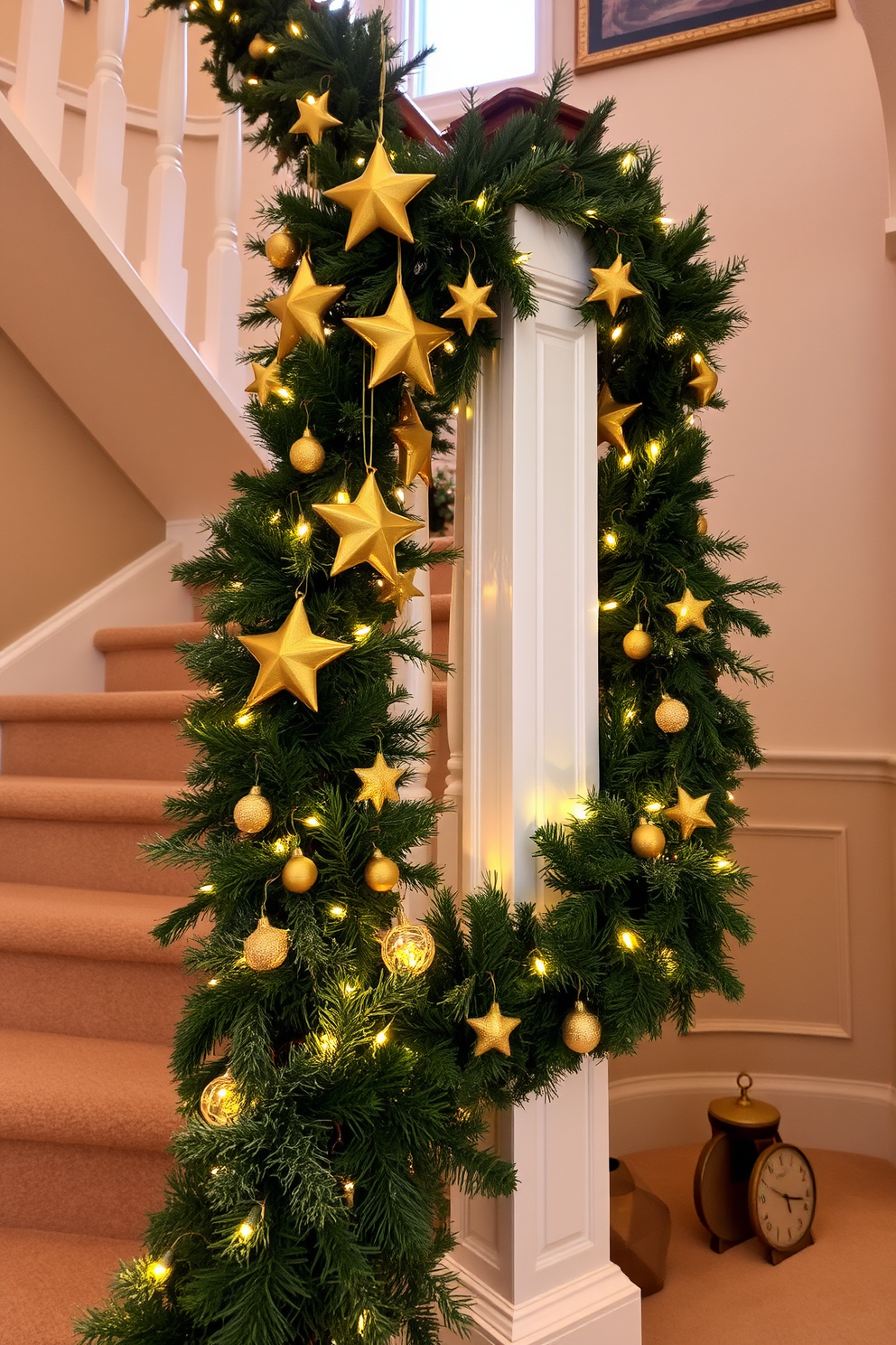 A festive staircase adorned with gold star decorations cascading from the top. The railing is wrapped in lush greenery and twinkling fairy lights, creating a warm and inviting holiday atmosphere.